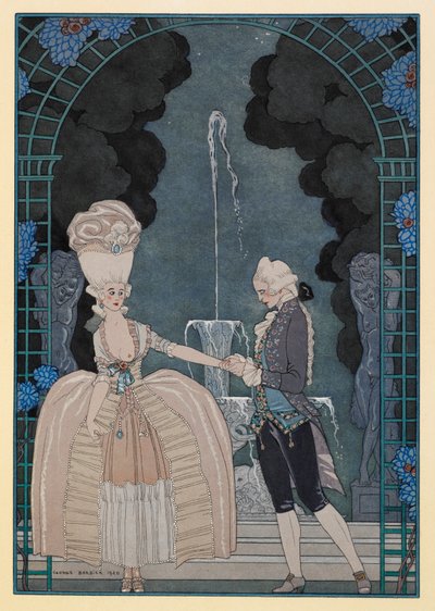 Sentimenteel gesprek. Een man die de hand van een vrouw vasthoudt. door Georges Barbier