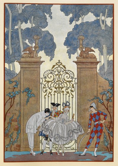 Colombine. Mensen die buiten een poort staan. Een Pierrot. door Georges Barbier