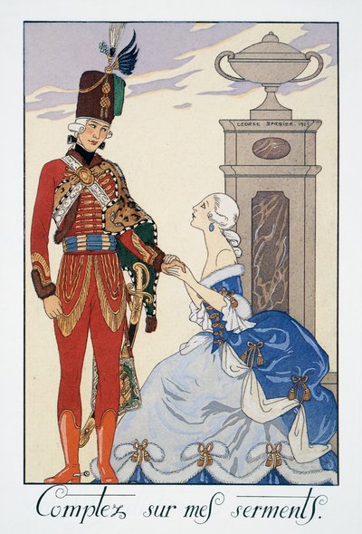 Comptez sur mes serments (Ik zal je trouw zijn), Hongaarse huzaren, lithografie uit Falbalas et Fanfreluches, Almanach des Modes Presentes, Passees et Futures door Georges Barbier