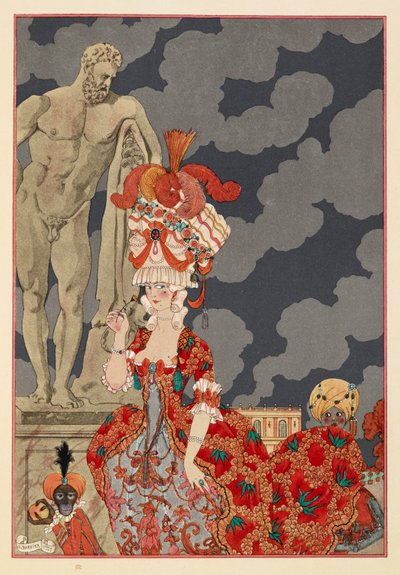 Cortège. Een aantrekkelijke vrouw in een rode jurk en uitgebreide hoed. Een kleine aap en jongen. door Georges Barbier