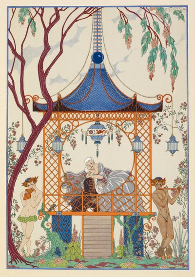 Cythère. Een man en vrouw in een paviljoen, omhelzend. Mythische wezens buiten, spelend op pijpen. door Georges Barbier