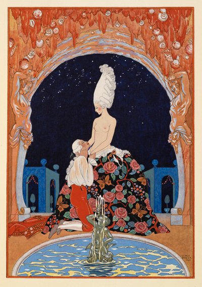 Dans la Grotte. Een man knielt voor een halfnaakte vrouw, bij een fontein. door Georges Barbier