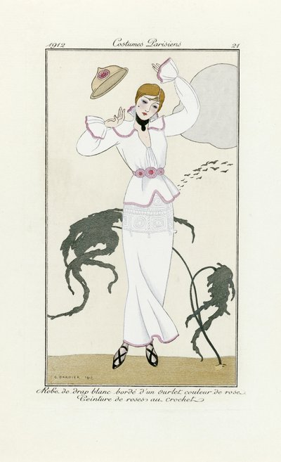 Ontwerp voor witte jurk met roze afwerking en gehaakte riem, uit Costumes Parisien, uitgegeven 1912 door Georges Barbier