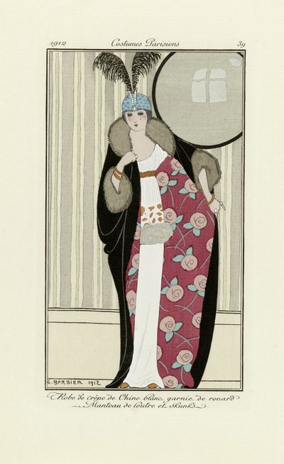 Ontwerp voor jurk gemaakt van Crêpe de Chine en Bontjas, uit Costumes Parisien, pub.1912 door Georges Barbier