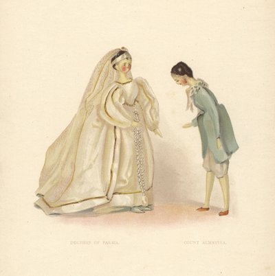 Poppen van de Hertogin van Parma en Graaf Almaviva, uit De Barbier van Sevilla, aangekleed door jonge Prinses Victoria. Kleurplaat naar een illustratie van Alan Wright uit Frances H. Low