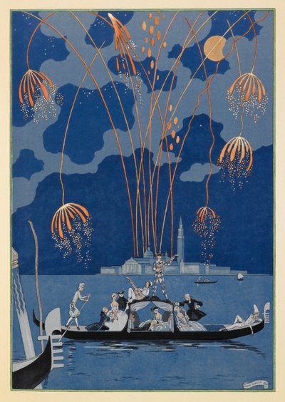 En bateau. Vuurwerk in Venetië. Mensen in een gondel door Georges Barbier