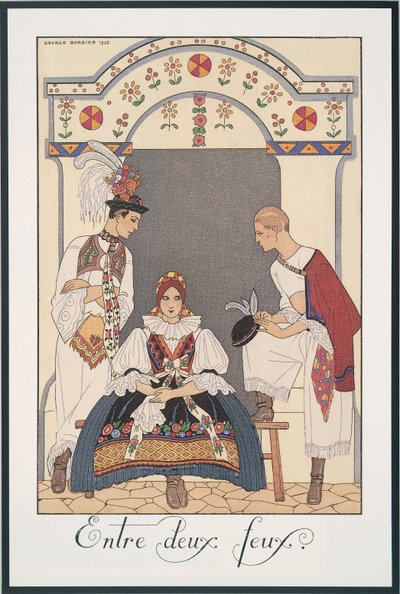 Falbalas et Fanfreluches, Almanak voor 1923, Entre deux feux, door George Barbier, prent door Georges Barbier