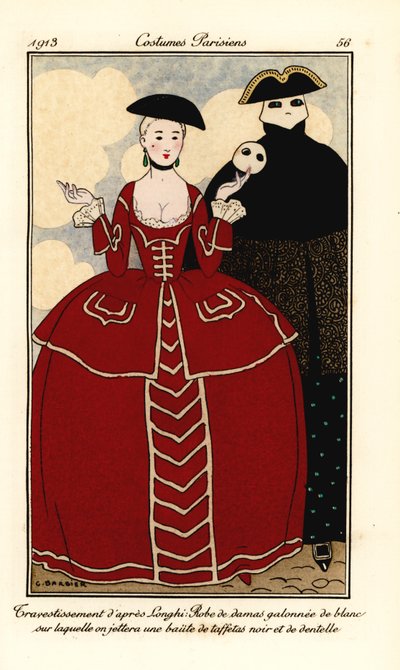 Verkleedkostuums door Longhi. Vrouw in damasten jurk afgezet met wit, cape van zwarte tafzijde en kant. Handgekleurde pochoir (stencil) ets door Georges Barbier