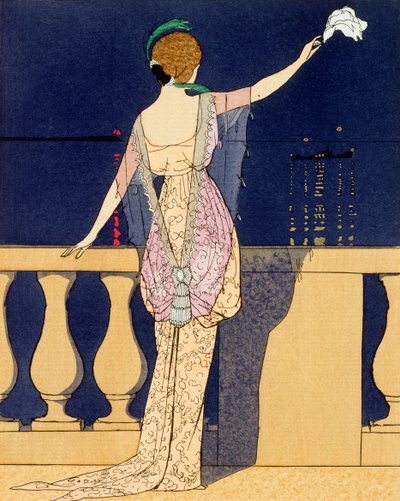 Afscheid in de nacht, ontwerp voor een avondjurk door Jeanne Paquin door Georges Barbier
