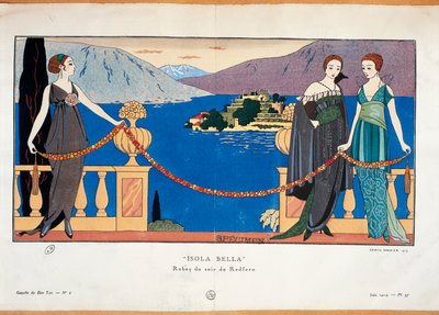 Modeplaat met dames in Redfern avondjurk en Borromean Isola Bella op de achtergrond door Georges Barbier