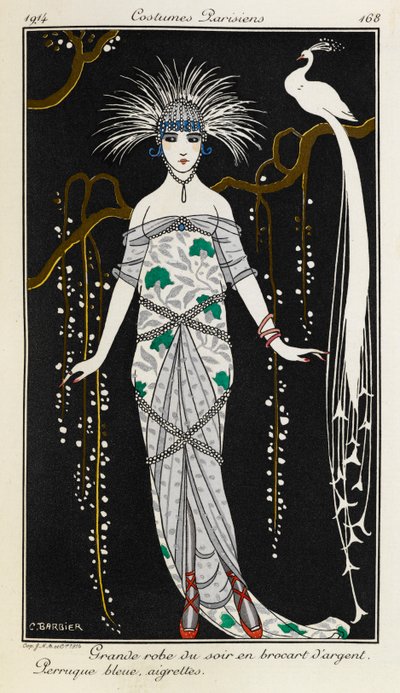 Grote avondjurk van zilveren brokaat door Georges Barbier
