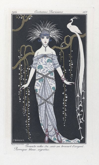 Grote avondjurk van zilveren brokaat. Blauwe pruik, aigrettes, uit Costumes Parisiens, uitgegeven 1914 door Georges Barbier