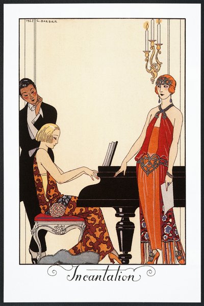 Betovering, pianist en vrouw in avondjurken, illustratie uit Falbalas et Fanfreluches, Almanak van 1923 door Georges Barbier