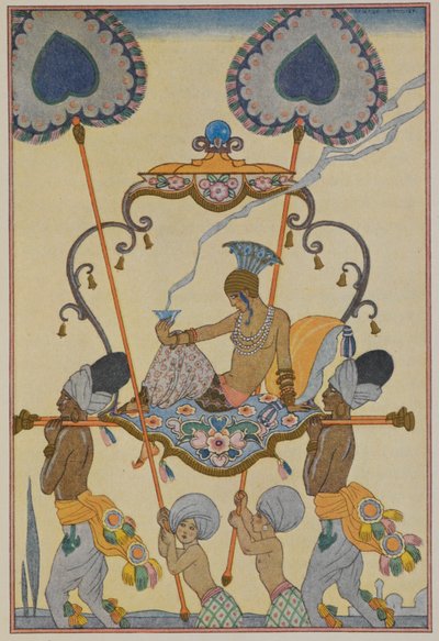 India. Een persoon wordt gedragen in een draagstoel. door Georges Barbier