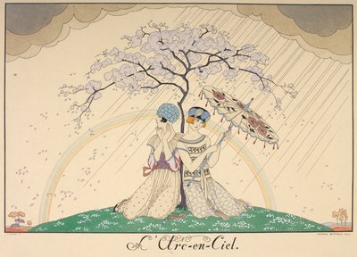 De regenboog. Twee vrouwen schuilen voor de regen onder een boom, een regenboog is te zien op de achtergrond. door Georges Barbier
