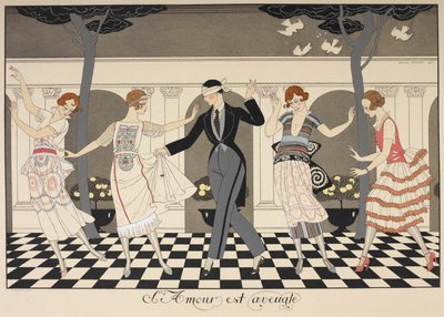 Liefde is blind. Een geblinddoekte man danst met vier vrouwen. door Georges Barbier