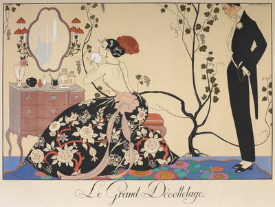 Het grote decolleté. Een vrouw zit aan haar kaptafel, bewonderd door een man door Georges Barbier