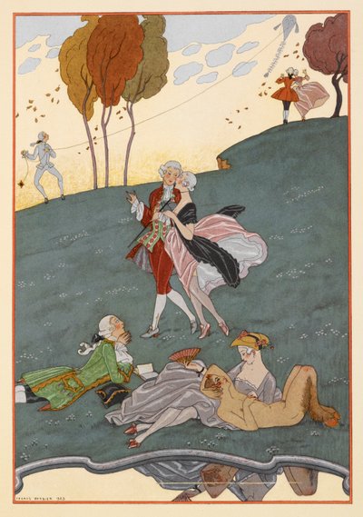 Les Ingenus. Een aantal mannen en vrouwen. Een man die een vlieger oplaat. Een faun. door Georges Barbier