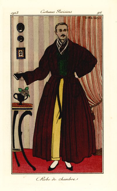 Man in kamerjas over gele broek en groen vest. Robe de chambre. Handgekleurde pochoir (stencil) ets naar een illustratie van George Barbier uit Tommaso Antongini’s Journal des Dames et des Modes, Aux Bureaux du Journal des Dames, Parijs door Georges Barbier
