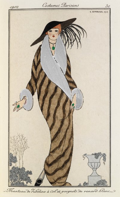 Manteau de Liberline à col et poignets de renard blanc. Costumes Parisiens no.30. Vrouw draagt een gestreepte liberline jas met kraag en manchetten van witte vos. Ze draagt ook een grote zwarte hoed met veren en een groene stenen ketting. door Georges Barbier
