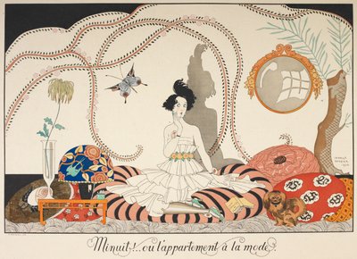 Middernacht! .. of het modieuze appartement. Een vrouw zittend tussen vele kussens. Haar huisdierhond bij haar. door Georges Barbier