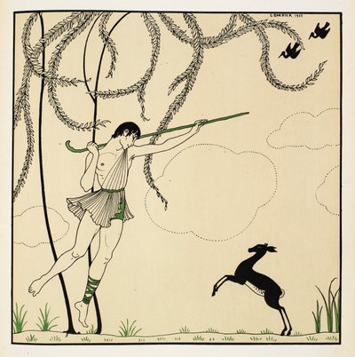"Narcisse". Scène uit Narcisse, een klassiek ballet uitgevoerd in één akte. Narcisse ging in première in 1911 in Monte Carlo. De jongen danst in de lucht en draagt een herdersstaf, een lam staat op zijn achterpoten. door Georges Barbier