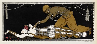 Nijinsky als de Gouden Slaaf in Sheherazade, een symfonische suite gecomponeerd door Nikolai Rimsky-Korsakov in 1888. Sheherazade ligt hier op haar sterfbed, de gouden slaaf buigt zich over haar heen door Georges Barbier