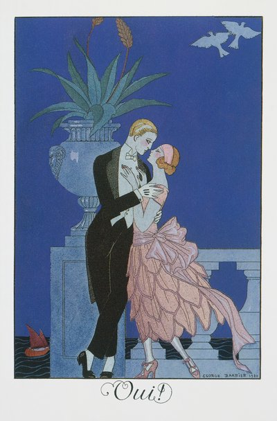 Oui, Twee jonge verloofden in avondkleding, lithografie uit Falbalas et Fanfreluches, Almanach des Modes Presentes, Passees et Futures door Georges Barbier