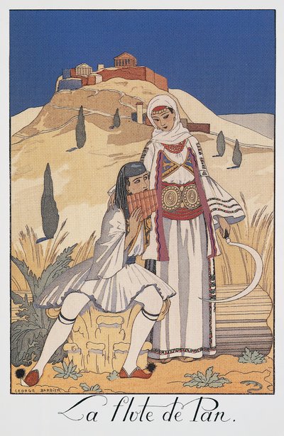 Panfluitspeler die traditionele Griekse kostuums uitbeeldt door Georges Barbier