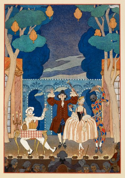 Pantomime. Pierrot en Harlekijn. Een man en mooie vrouw. Alles op een podium. door Georges Barbier