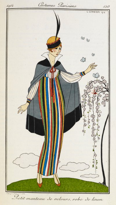 Kleine fluwelen mantel, linnen jurk. Vrouw met een kleine fluwelen mantel, met een gestreepte linnen jurk, oranje t-bar schoenen en een hoed versierd met zwart en rood. Costumes Parisiens. door Georges Barbier