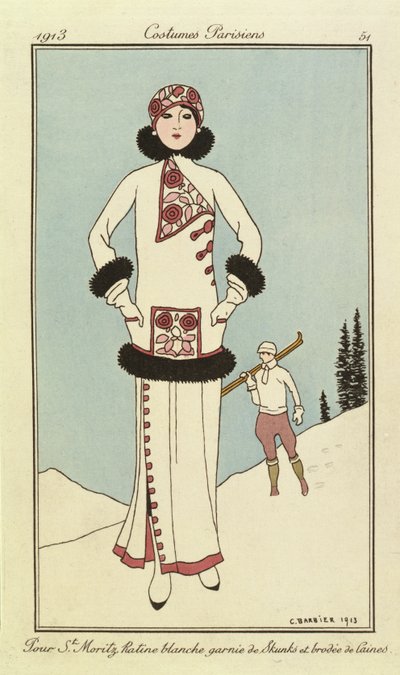 Voor St. Moritz, plaat uit "Costumes Parisiens" door Georges Barbier