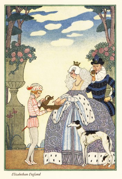 Koningin Elizabeth wast haar handen in een kom vastgehouden door haar page door Georges Barbier