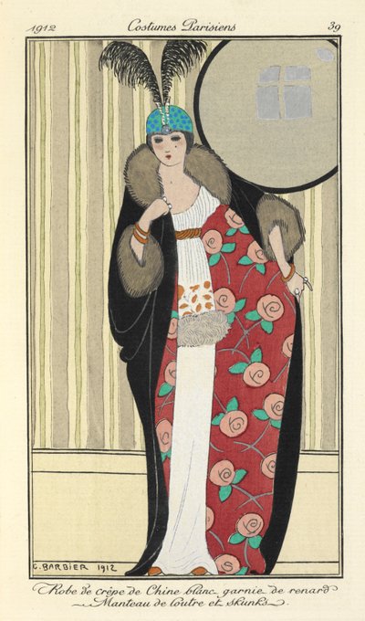 "Robe de crêpe de Chine wit versierd met vos. Manteau van otter en stinkdier," door Georges Barbier