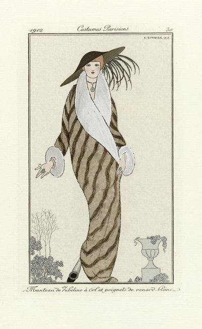 Sabeljas met witte vossenbont, uit Costumes Parisien, uitgegeven 1912 door Georges Barbier