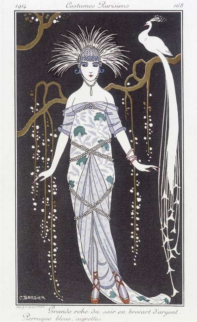 Zilveren brokaat avondjurk en pruik - Illustratie door George Barbier (1882-1932). in 
