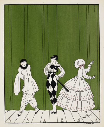Drie personages uit het ballet Carnaval uit 1910, gecomponeerd door Robert Schumann. Links een mimespeler. In het midden een man, gekleed in een wit shirt met een zwarte das en geruite broek, met een masker. Rechts een dame, met haar rug naar ons toe door Georges Barbier