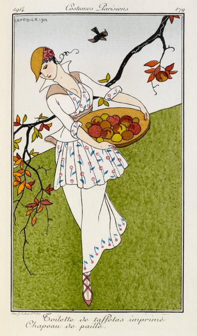 Toilette de taffetas imprime chapeau de paille. Costumes Parisiens no.179. Een vrouw draagt een zijden outfit met print en een strohoed. Ze draagt een schaal met fruit. door Georges Barbier