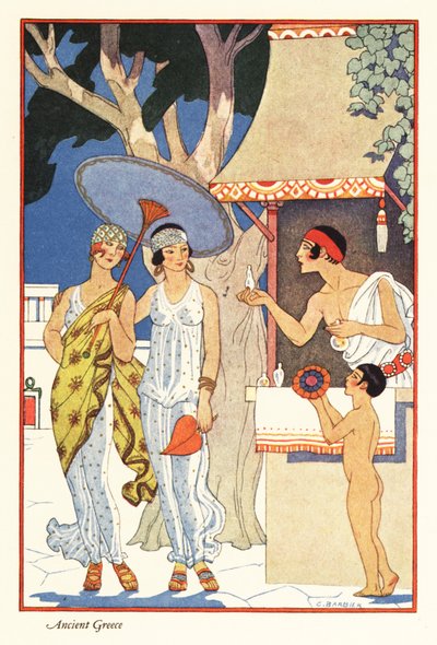Twee vrouwen winkelen bij een parfumverkoper in het oude Griekenland door Georges Barbier