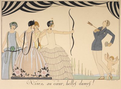 Visez au coer, belles dames. Richt op het hart dames. Een vrouw schiet een man in het hart met een pijl. door Georges Barbier
