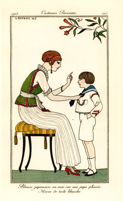 Vrouw in Japanse zijden blouse en lange geplooide rok door Georges Barbier