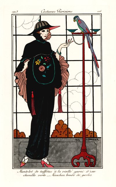 Vrouw in een oude-taffeta cape met een papegaai door Georges Barbier