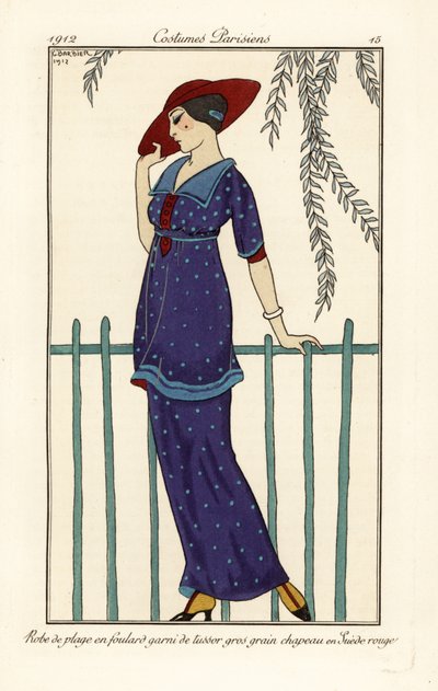Vrouw in strandjurk van foulard versierd met grote stippen, rode suède hoed door Georges Barbier