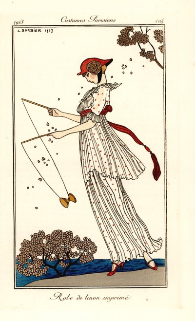 Vrouw in jurk van bedrukt linnen die diabolo speelt door Georges Barbier