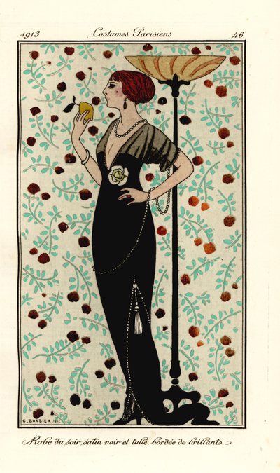 Vrouw in avondjurk van zwarte satijn en tule, afgezet met brillanten. Handgekleurde pochoir (stencil) ets naar een illustratie van George Barbier uit Tommaso Antongini