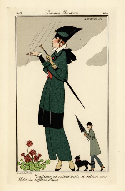 Vrouw in groen ratine en zwart fluwelen pak door Georges Barbier