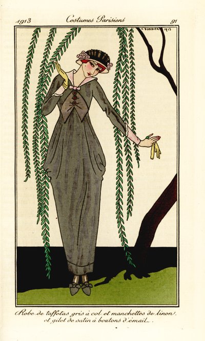 Vrouw in grijze taffeta jurk met linnen kraag en manchetten, satijnen gilet met emaille knopen door Georges Barbier