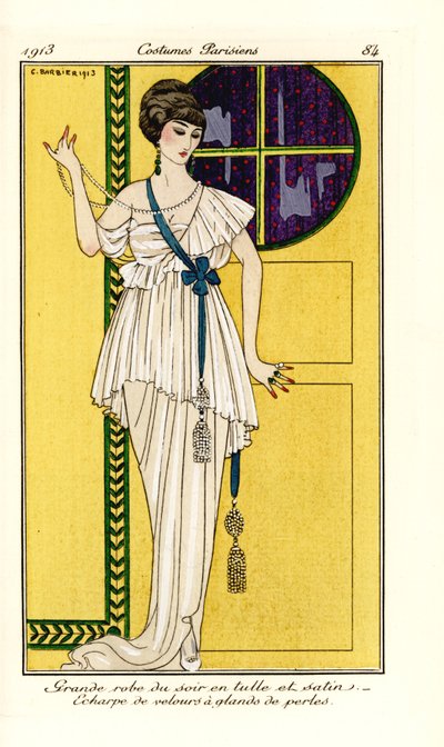 Vrouw in luxueuze avondjurk van tule en satijn, groene fluwelen sjerp met parelkwast. Handgekleurde pochoir (stencil) ets naar een illustratie van George Barbier uit Tomm door Georges Barbier