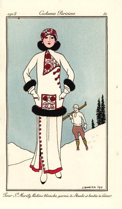 Vrouw in outfit voor St. Moritz in witte frieze met skunk trim en wol borduurwerk door Georges Barbier