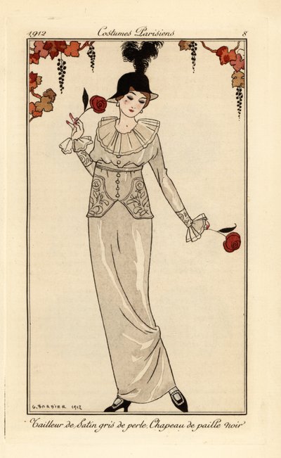 Vrouw in parelgrijs pak en zwarte strohoed. Tailleur de satin gris de perle, chapeau de paille noir. Handgekleurde pochoir (stencil) ets naar een illustratie van George Barbier uit Tommaso Antongini’s Journal des Dames et des Modes, Aux Bureaux du Jo door Georges Barbier